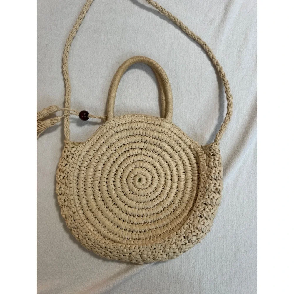 Solid & Striped Woven Straw Circle Crossbody Bag Tassel Natural Beige